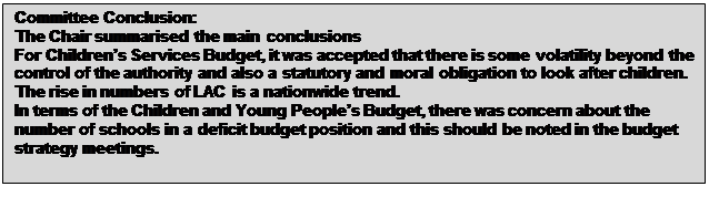 Text Box: Committee Conclusion: The Chair summarised the main conclusions For Children’s Services Budget, it was accepted that there is some volatility beyond the control of the authority and also a statutory and moral obligation to look after children. The rise in numbers of LAC is a nationwide trend. In terms of the Children and Young People’s Budget, there was concern about the number of schools in a deficit budget position and this should be noted in the budget strategy meetings. 